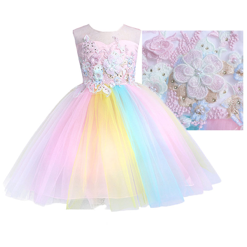 

Summer Girls Rainbow Dress 2019 Elegant Teen Girl Wedding Party Pearl Dresses For Kids Princess Birthday Party Embroidered Dress, White