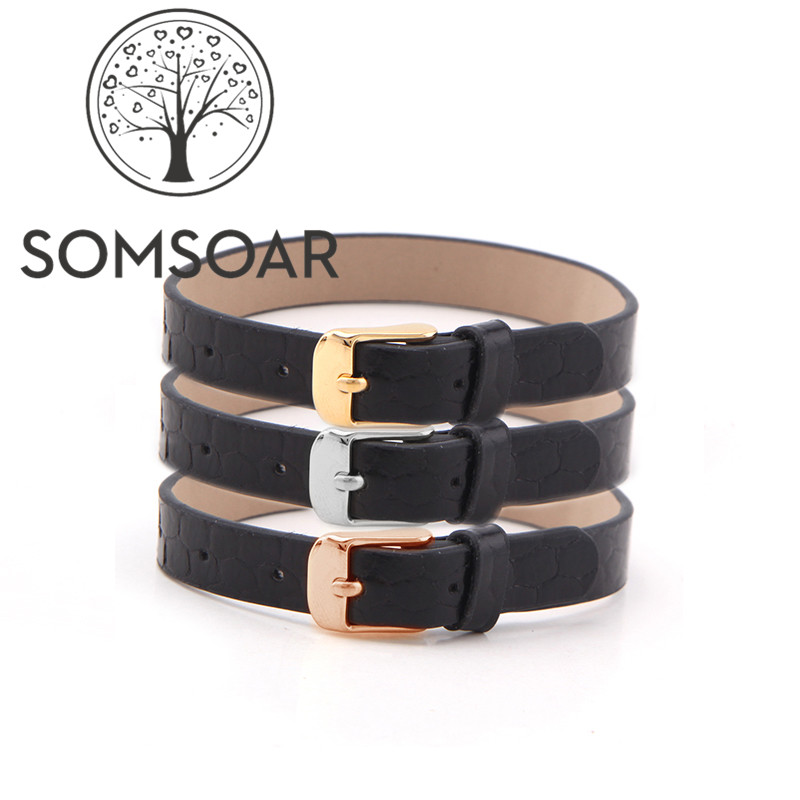 

Somsoar Jewelry Black snakeskin grain Genuine leather Wrap Bracelets fit Story Slide Charms accessories 5pcs/lot