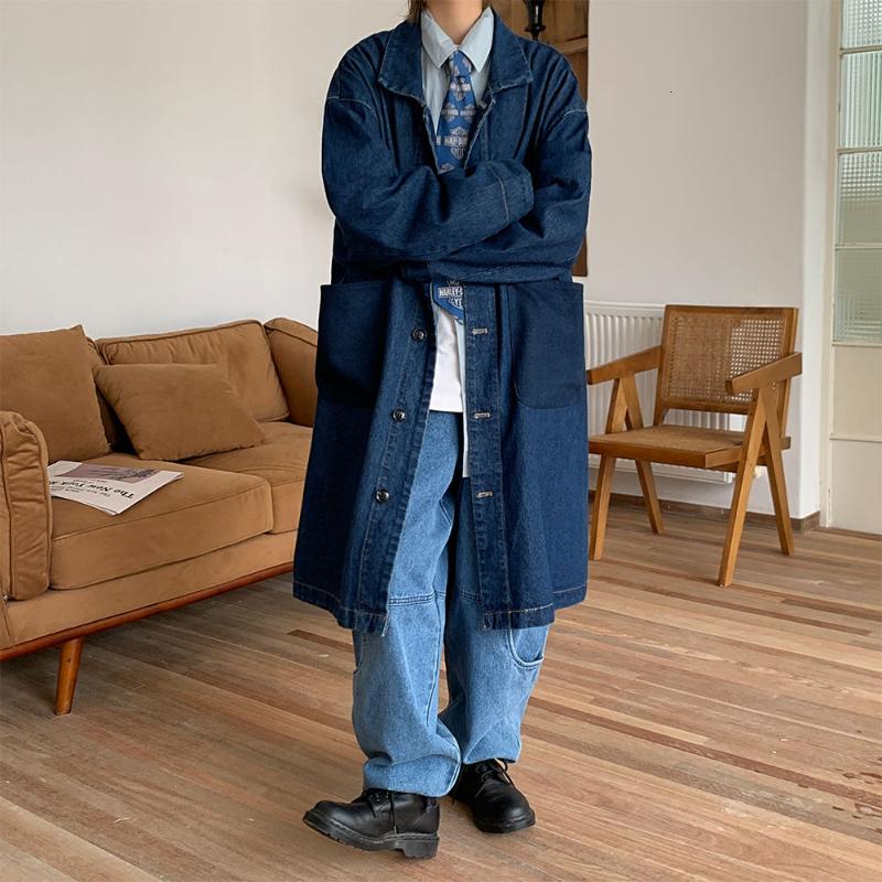 

2020 Men's New Denim Jackets Fashion Trend Trench Casual Long Coats Blue Color Overcoat Loose High-quality Windbreaker -XL, Navy blue