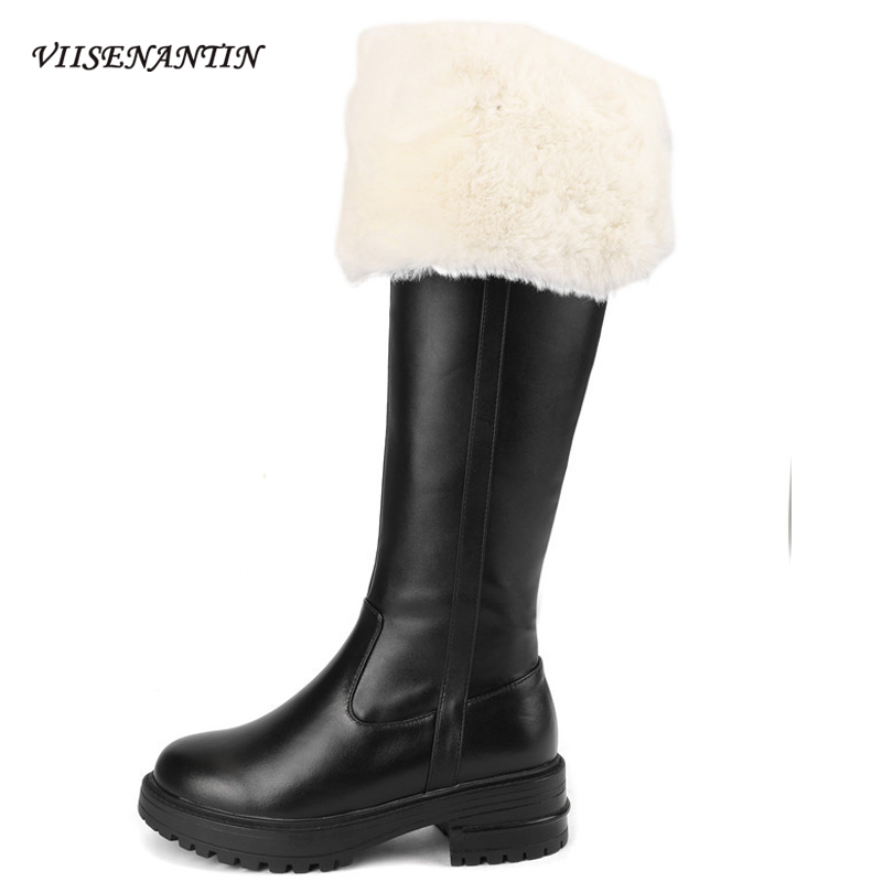 

Genuine Leather Over The Knee Boots Women's Winter New Style Knight Boots Mid-heel Velvet High-barrel Plush Keep Warm, Black