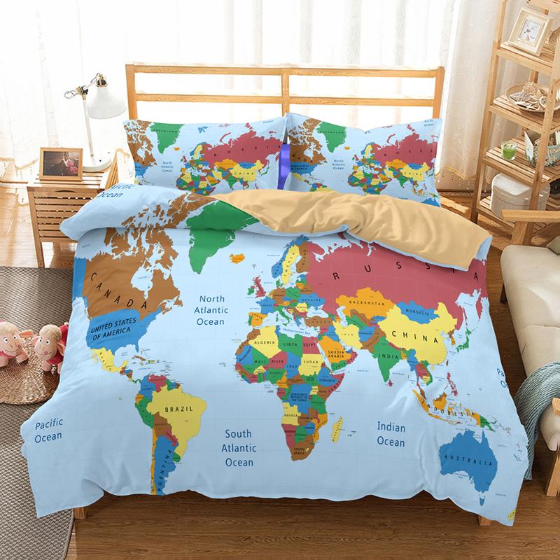 

BEST.WENSD Map duvet cover cotton with pillow case 2-3 pcs bed-sets comforters for queen size bed western duvet cover set blue, As picture