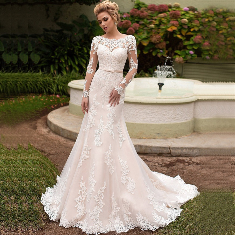 

Gorgeous Mermaid Wedding Dresses 2020 Turkey Appliques Lace Custom Made Long Sleeve Bridal Dress Wedding Gown vestidos de noiva, White