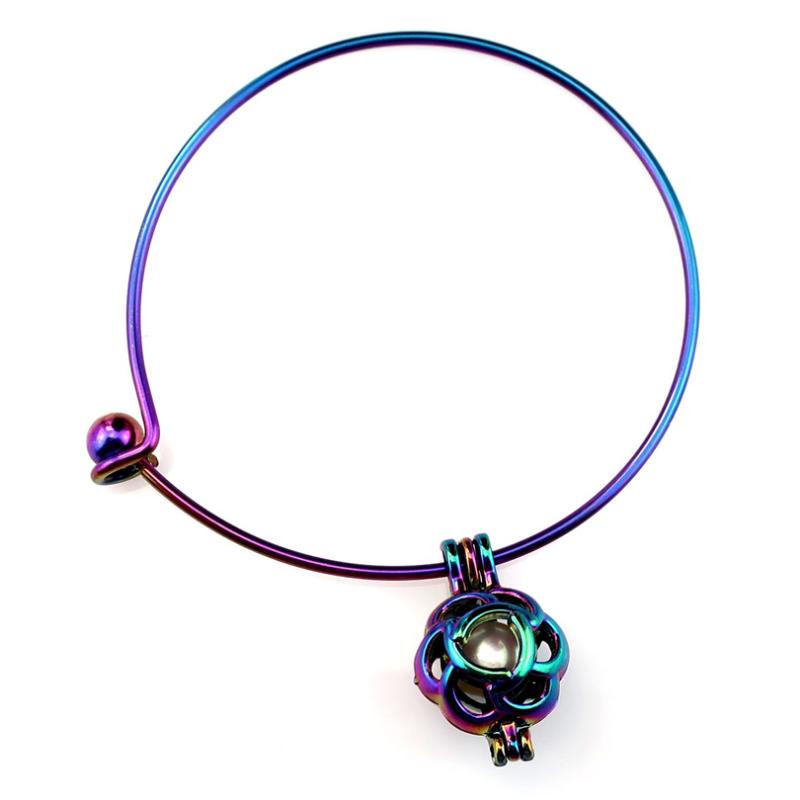 

B-C215 Rainbow Flower Beads Cage Locket Wrist Girl Women Expandable Wire Steel Bracelet Bangle