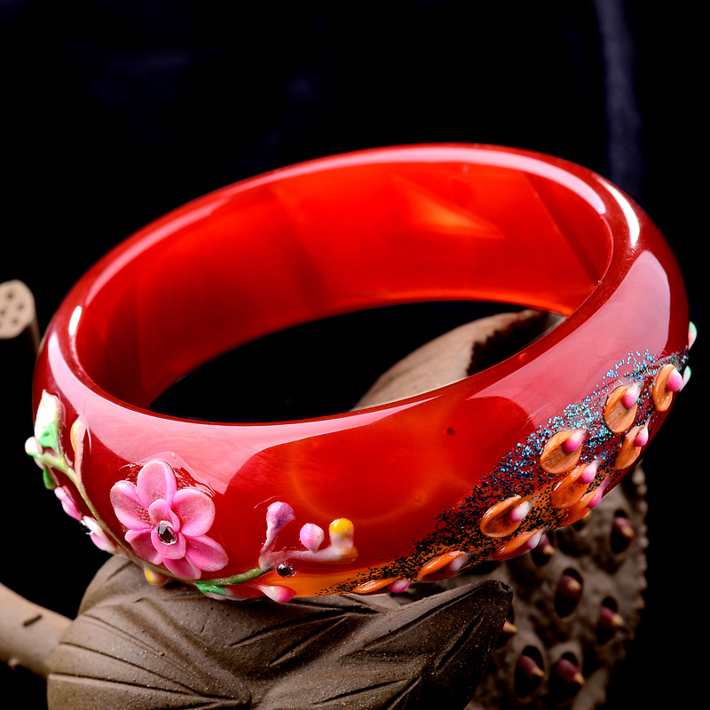 

New Bangle 100% Natural Red Jadeite Painting Peacock Shell Flower Women Bangle