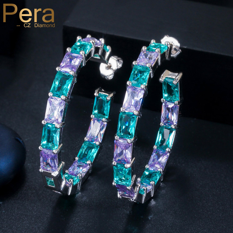 

Hoop & Huggie Pera Princess Cut Mix Light Bule Purple Color CZ Crystal Paved Mystic Circle Round Big Square Women Earrings Jewelry E456