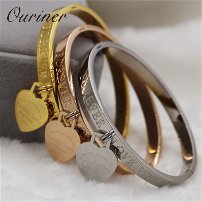 

Jewelry For Women Pulseira Stainless Steel Bracelet & Bangle Rose Gold Color Heart Forever Love Tag Bangle K0066-1