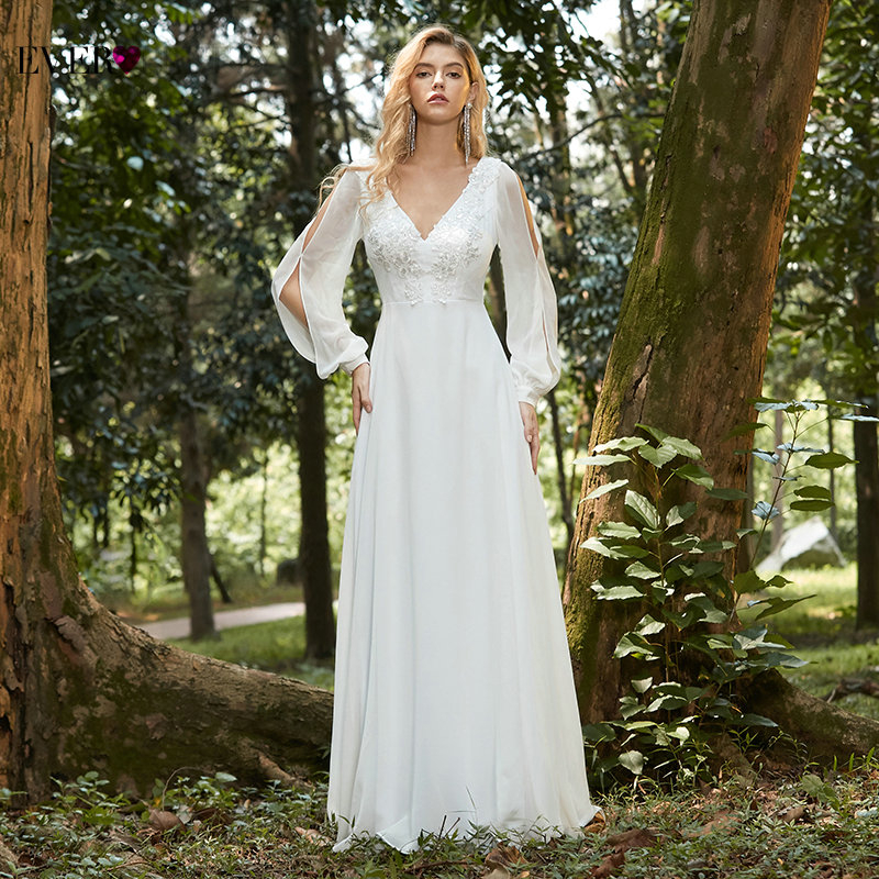 

A Line Wedding Dress 2020 Boho White Dress Elegant V Neck Long Sleeve Appliques Lace Chiffon Bridal Gown Ever Pretty EP00457WH