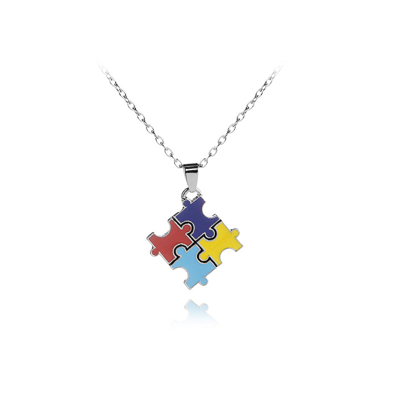 

2020 Rhodium Plated Autism Awareness Jigsaw Puzzle Piece Multicolor Crystal Paved Pendant Fashion Necklace Jewelry