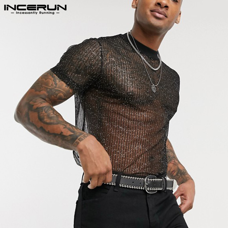 

Men' T-Shirts INCERUN 2021 Fashion Men Mesh T Shirt See Through Breathable Short Sleeve Slim Shiny Party Nightclub Sexy Thin Camiseta, Black
