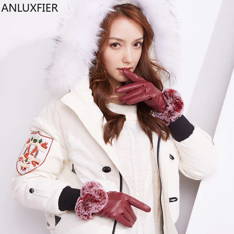

H10036 Women Leather Gloves Winter Autumn Riding Touch Screen Mittens Lady Plush Warm Korean Students Lovely Windproof Hand Muff
