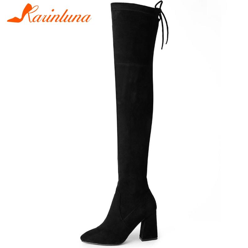 

KARIN New Fashion Female Over The Knee Boots Pointed Toe Square High Heels Thigh High Boots Women Slim Lace Up Shoes Woman, Black