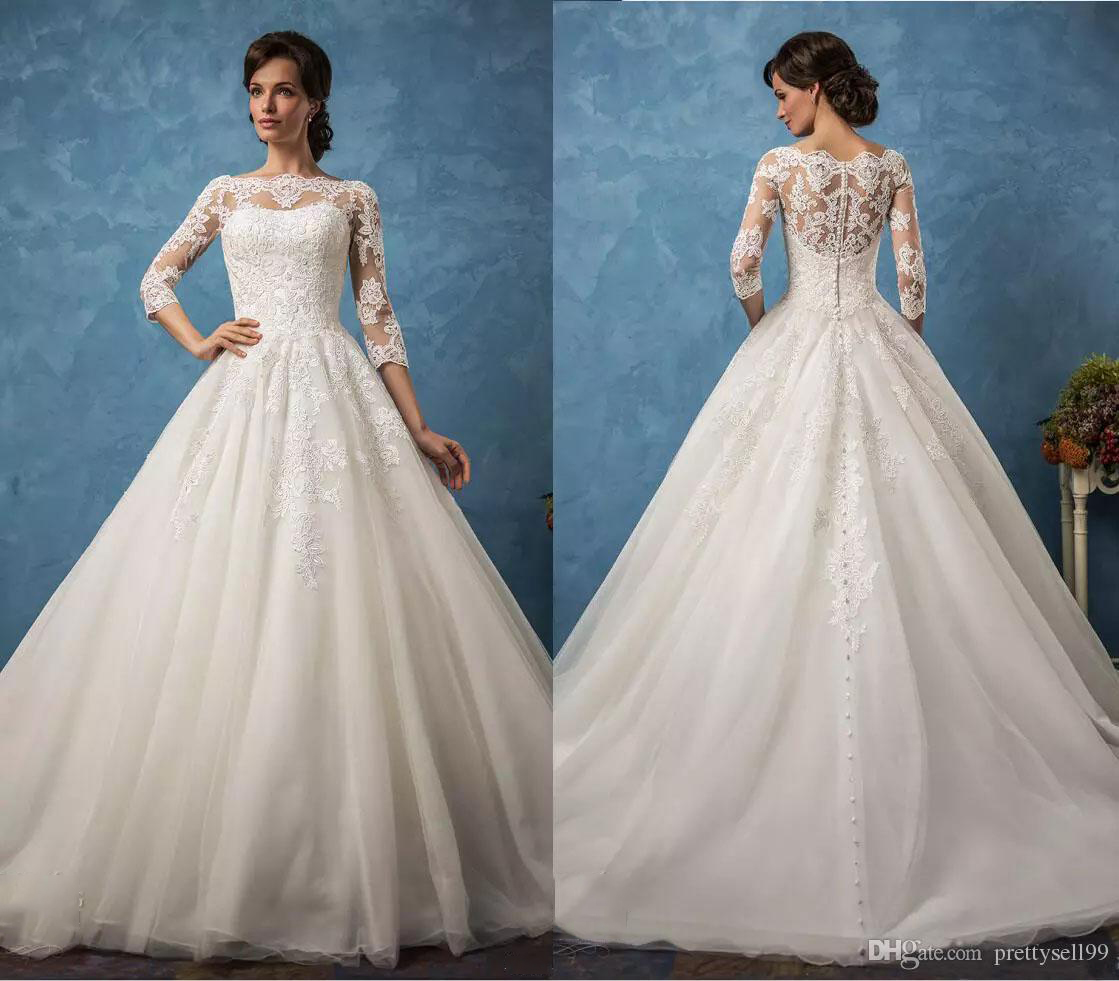 

Amelia Sposa A Line Lace Wedding Dresses Bridal Gowns 2022 with 3/4 Long Sleeves Appliques Sweep Train Plus Size Bride Dress, Champagne