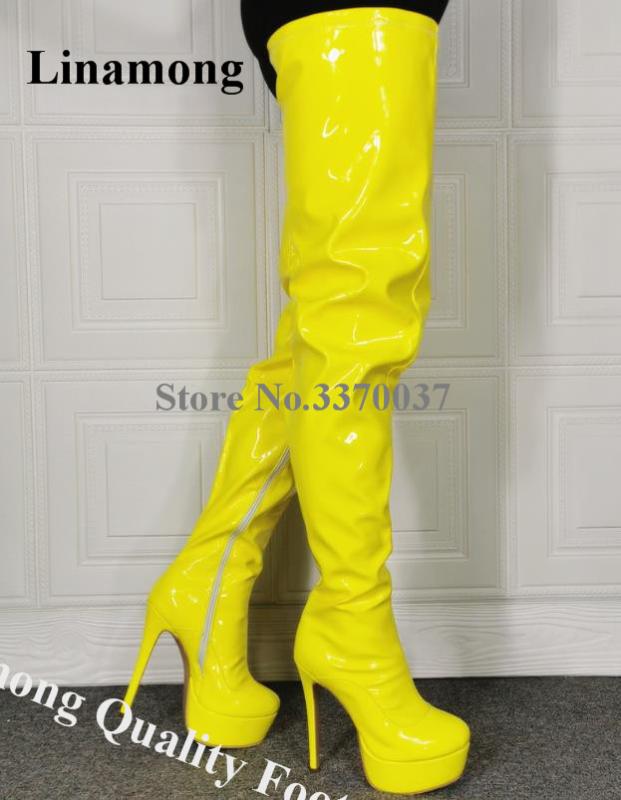 

Linamong Shining Patent Leather Over Knee High Platform Stiletto Heel Boots Slim Yellow Thigh High Long Boots Club Dress, Customize colors