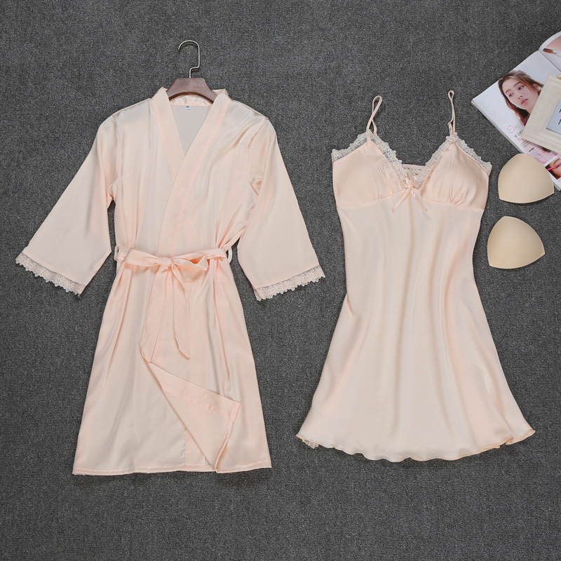 

Elegant Women Silk Robe and Gown Sets Solid Nightwear Women Set Summer Lingerie Gown 2 Pieces, Black
