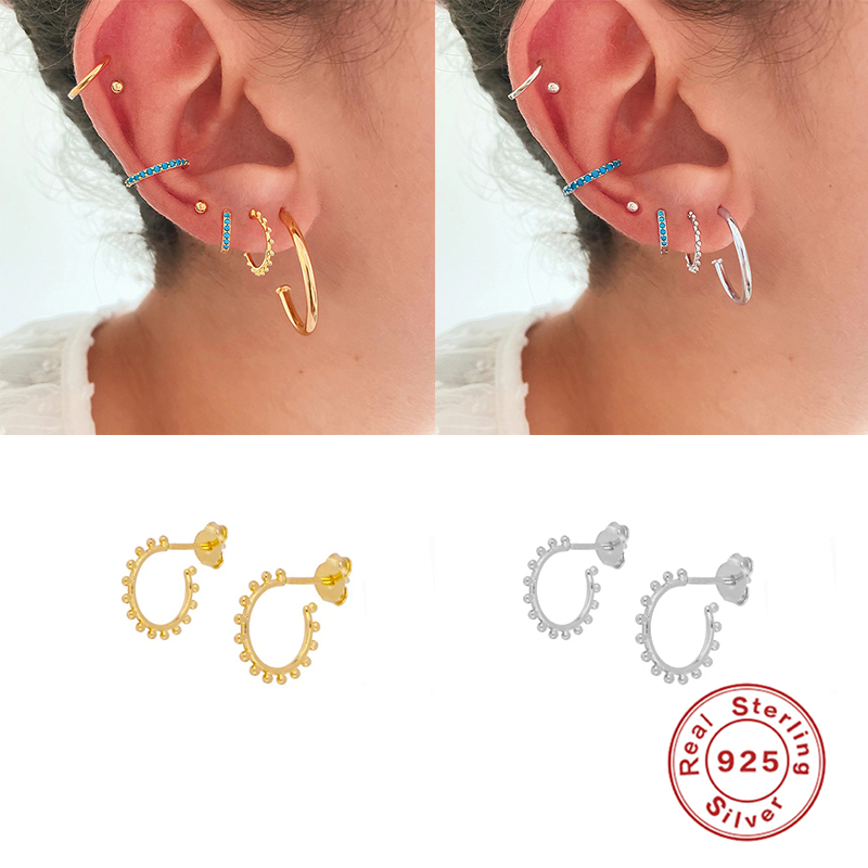 

925 Sterling Silver Ins Trend Luxury Minimalist For Girl Ear Button Geometric Circle Mini Silver Bead C Type Earrings Versatile