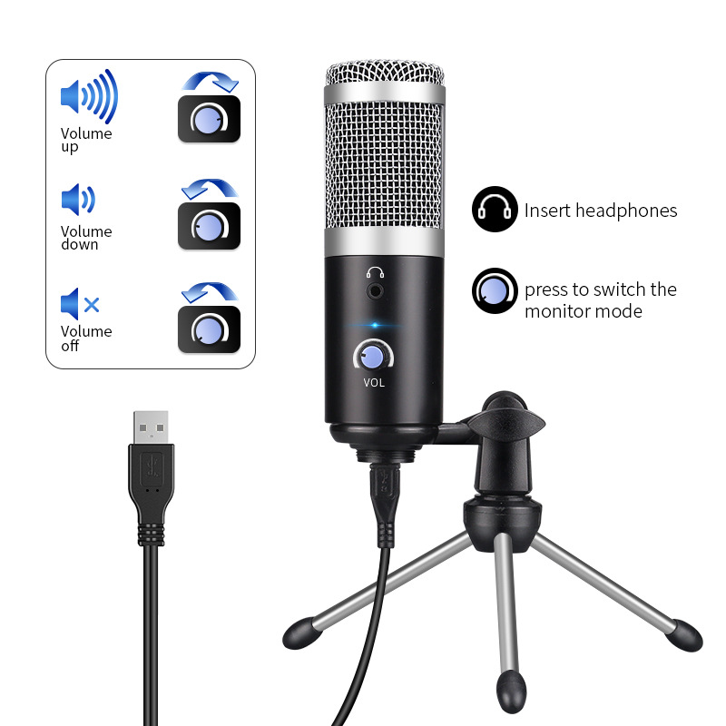 

Metal USB Condenser Recording Computer Microphone For Laptop PC Cardioid Vocals Voice Overs Podcasting for Youtube Skype
