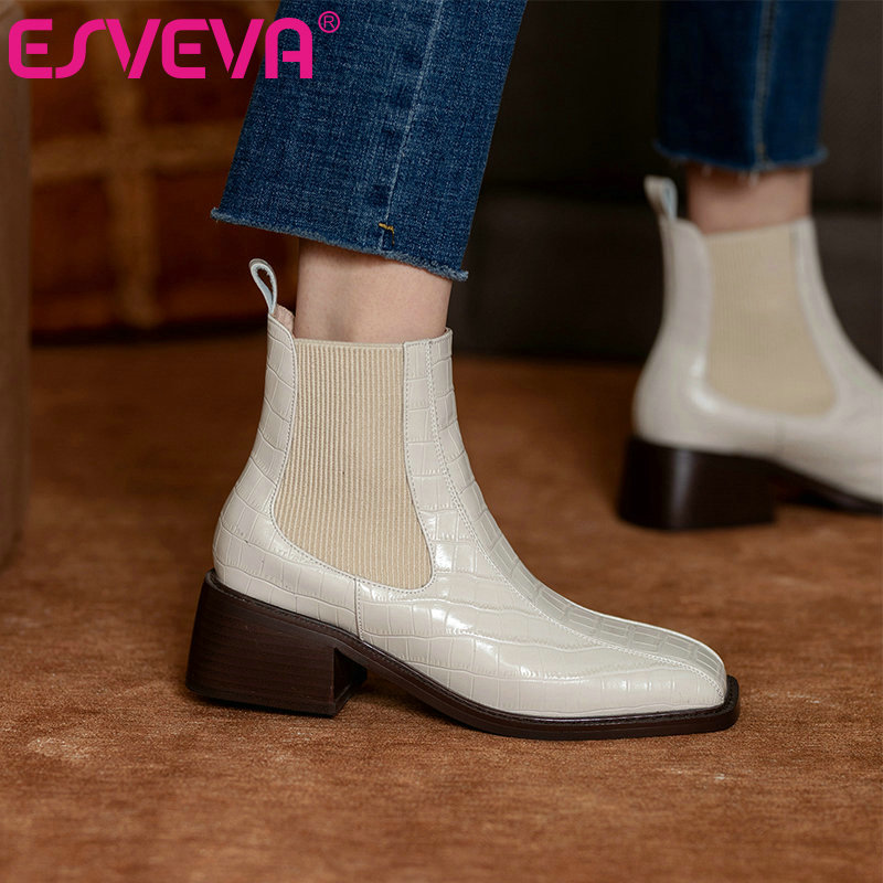 

ESVEVA 2021 Slip On Round Toe Square Med Heel PU+Leather Ankle Boots Women Boots Shoes Western Style Black Size 34-39