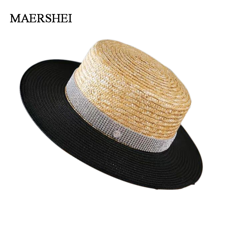 

New Summer Sun Hats Women Fashion Girl Straw Hat Raffia Beach Hat Casual Straw Flat Top Panama Bone Feminino, Black