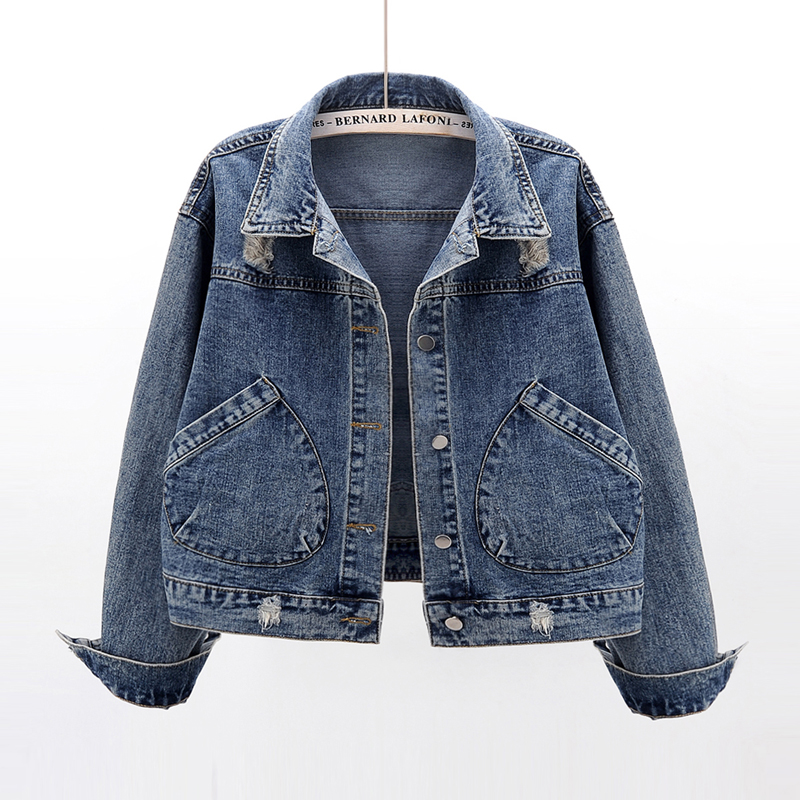 

Harajuku Frayed Short Denim Women 2020 Spring Autumn Vintage Jeans Jacket Korean Loose Long sleeve Coat Outerwear Female, Blue