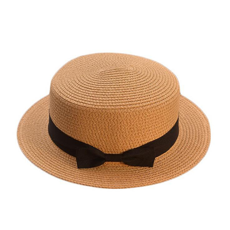 

2020 simple Parent-child sun hat Cute children sun hats bow hand made women straw cap beach big brim hat casual girls summer cap, Beige