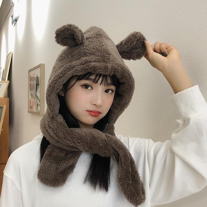 

Autumn and winter new warm neck hat cute cartoon ears plush hat female Japanese soft girl wild, Brown