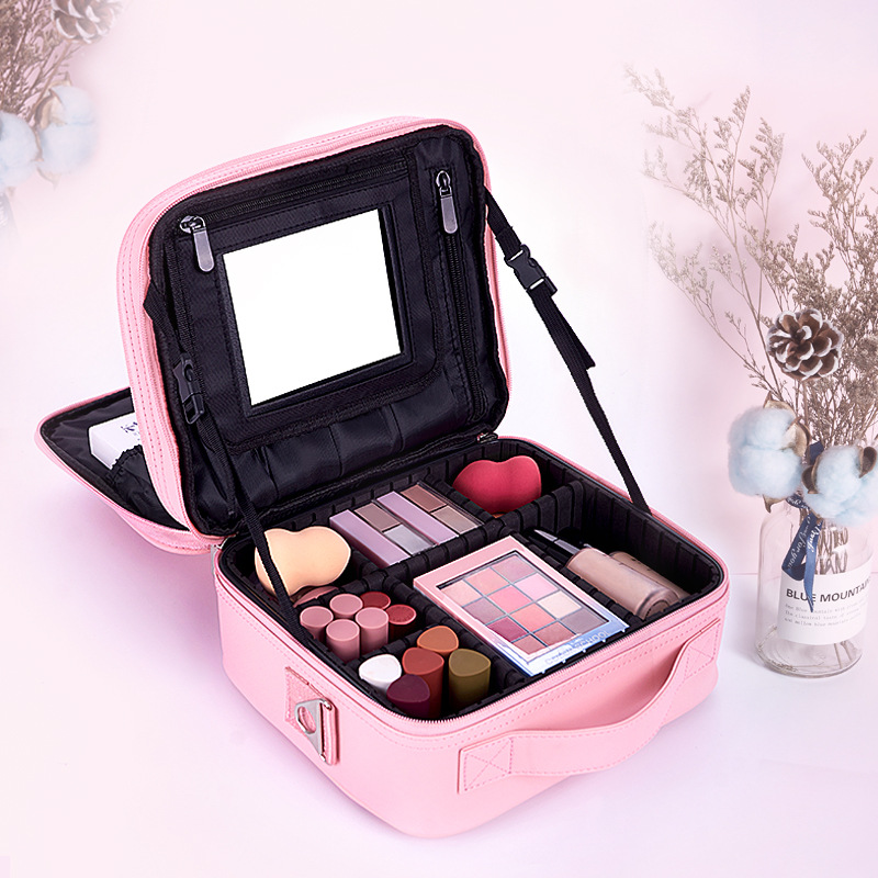 

New Professional Makeup bag With Mirror Organizer Women Travel Cosmetic Cases Large Capacity Cosmetics Bag Capacity Storage Box, Pink