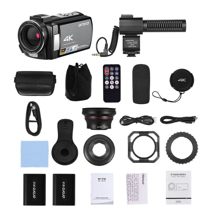 

ORDRO HDV-AE8 4K 30MP 16X WiFi Digital Video Camera 3Inch IPS Touchscreen Camcorder 0.39X Wide Angle Lens External Mic+Len Hood, As pic