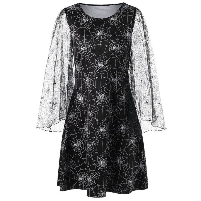 

Women Loose Halloween Party Cobweb Print Yarn Long Sleeves Mini Dresses For women Halloween horrifying dresses 2020 C30814, Black
