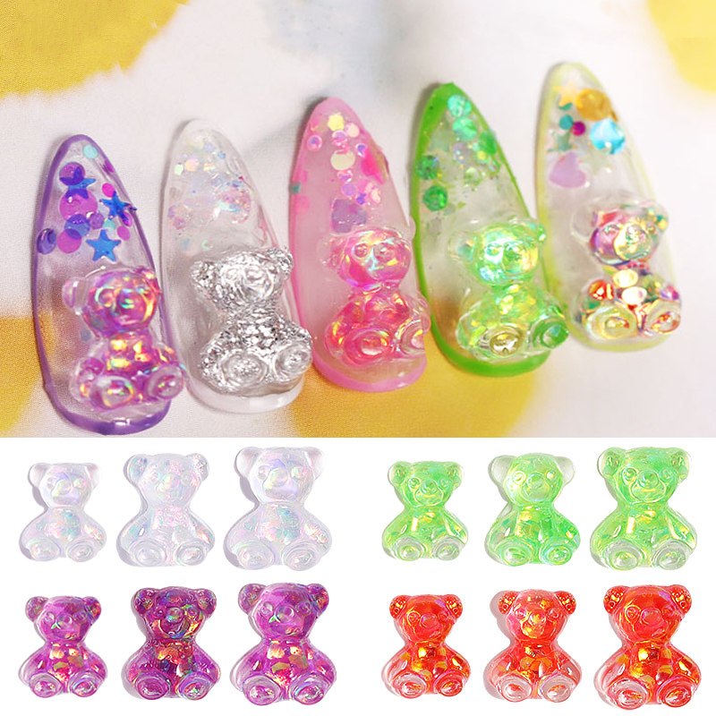 

3pcs 3D Small Bear Resin Nail Art Decorations Mixed Size Aurora UV Gel Accessories For Nails Glitter Jelly Ornaments Manicure