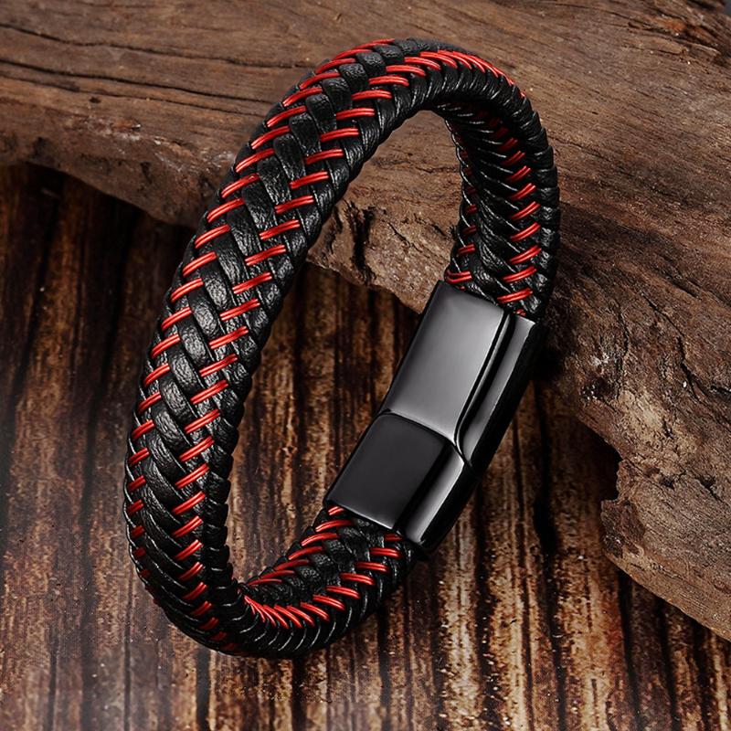 

TANGYIN New Men Bracelet Top quality Stainless Steel Black Magnetic Clasp Red Woven Real Leather Bracelet Men Male Charm Jewelry
