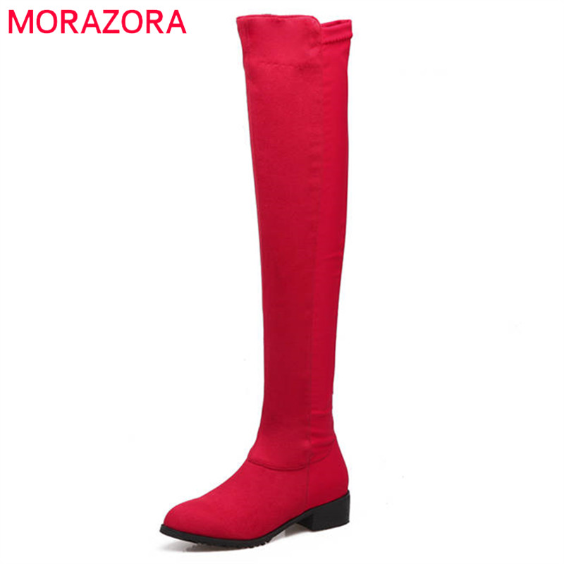 

MORAZORA 2020 new arrival flock short plush autumn winter boots women elegant solid color thigh high boots prom shoes woman, Black