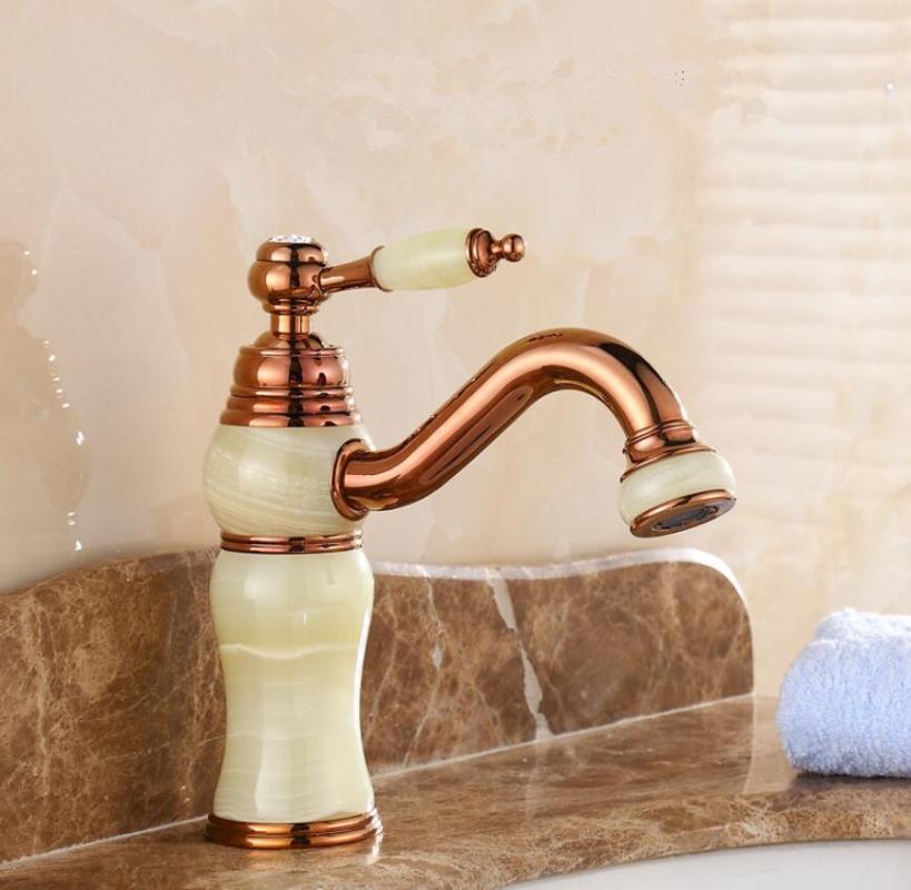 

Vidric Hot Rose Cold/Gold Bathroom Basin Faucet Single Hole Deck Mounted Mixer Tap Natural Jade Plating Jade Basin Sink Mixer