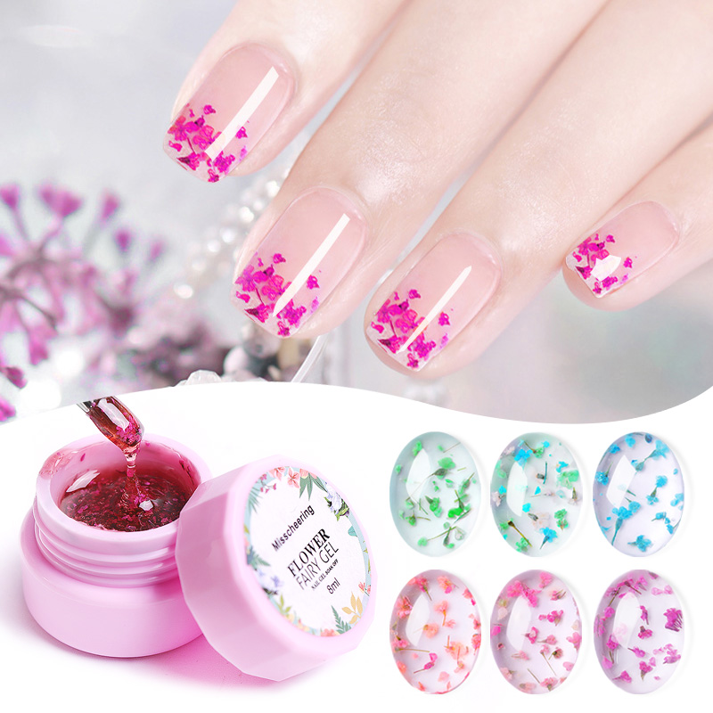 

6Colors Natural Dried Flowers Fairy Nail Gel Polish DIY Floral UV Gel Varnish Soak Off Dry Flower Manicure Nail Art Glue 8ML, Fj 002