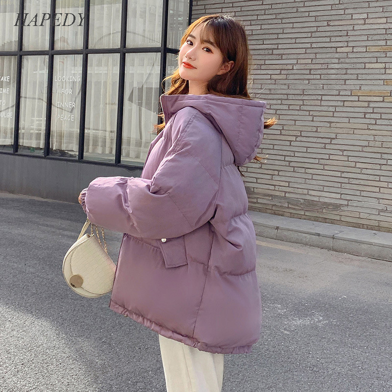 

HAPEDY Women's Winter Down Jackets Solid Loose Women Coats Hooded Stand Collar Oversize Korean Style Thick Warm Casual Outerwear, Khaki