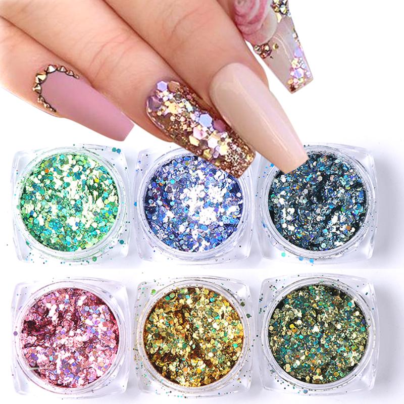 

6 box Nail Glitter Sequins Holographic Hexagon Mermaid Dipping Powder Flakes DIY Foil Slider Paillette Nail Art Set LA1539-14