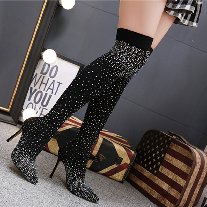 

2020 Winter Fashion Woman Thigh High Boots Luxury Crystal Bling Stripper Crotch High Botas Trending Tall Booties Ladies Shoes, Black