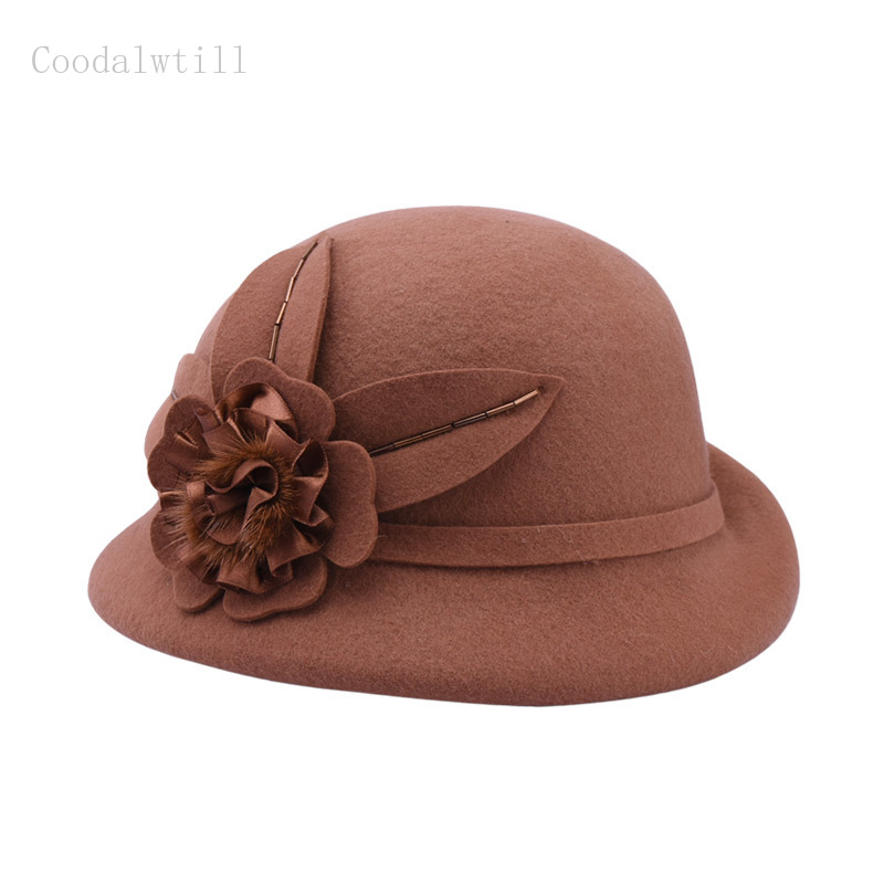 

Female Winter Bucket hat Vintage Floral Womens Wool Fedoras Felt Hats Fashion French Bowler Sombrero Wool Hat For women, Grey