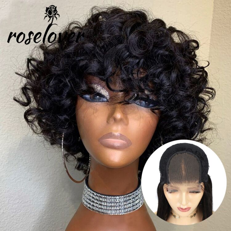 

Roselover Curly Bob Wig Afro Kinky Curly Wig Human Hair Wigs Short Culry With Bangs Wigs for Black Women 4*4 Lace Closure, Natural color