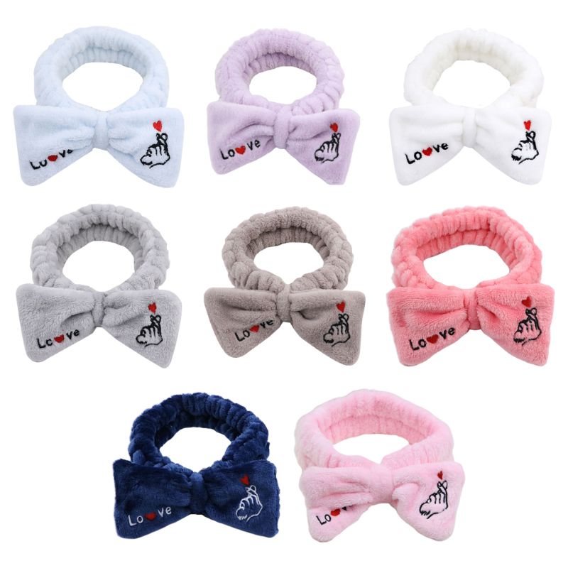 

Towel Womens Wash Face Headband Velvet Bowknot Finger Heart Embroidery Wide Bandana