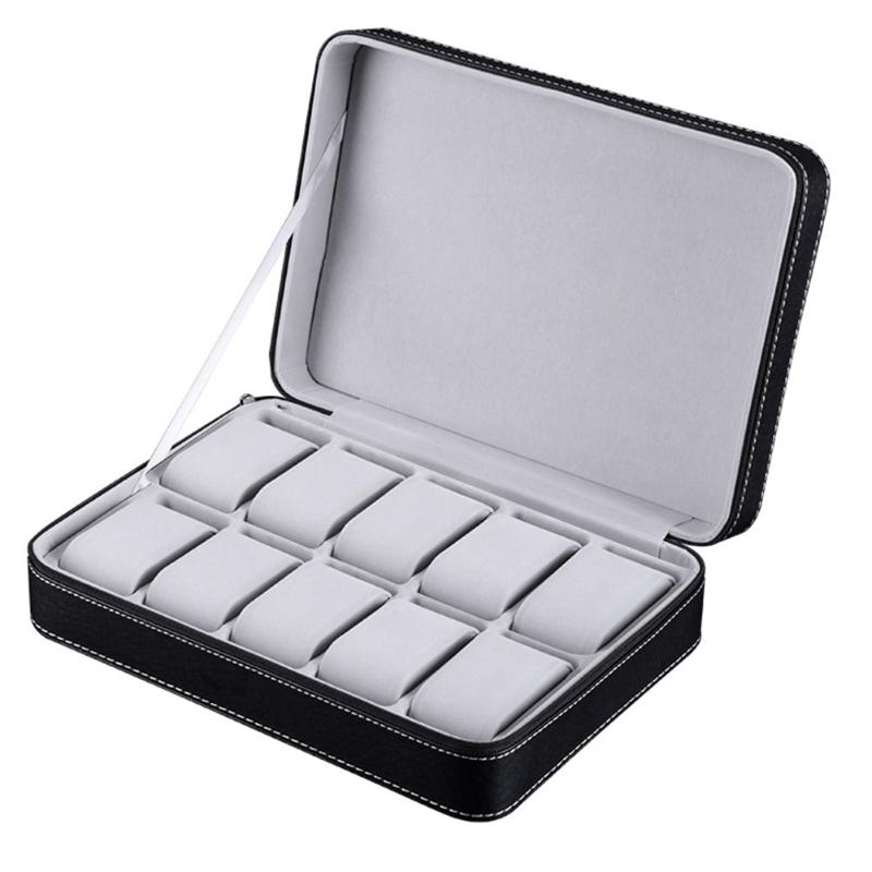 

Zipper Closure Counter 10 Grids Protective Portable Bracelet Jewelry Case Organizer Display Watch Storage Box PU Leather Gift
