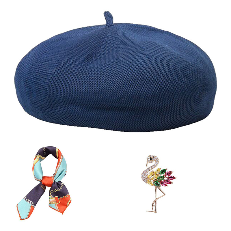 

DOUBCHOW Women's Summer Knitted Breathable Artist French Berets Hats with Cute Brooch Scarf 2020 Maiden Pumpkin Baret Beanie Cap, Yellow