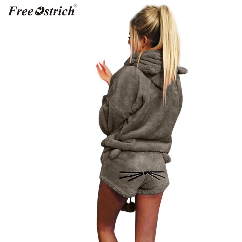

Free Ostrich Autumn Winter Women' Two Piece Set Pajamas Warm Coral Velvet Suit Cute Cat Pattern Hoodies Shorts Out Fit N30, Blue