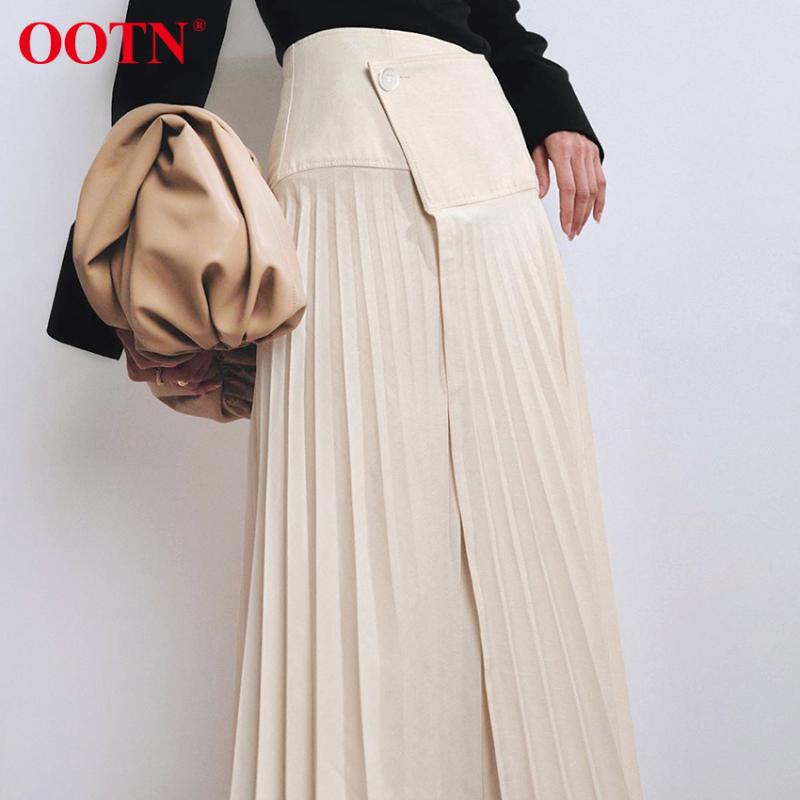 

OOTN Elegant A Line Skirt Women High Waist Pleated Skirt Office Ladies Button Casual Beige Slit Midi Skirts Streetwear Autumn