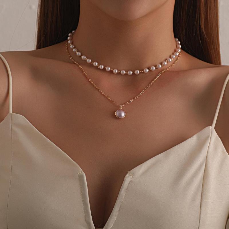 

Kpop Imitation Pearl Choker Necklace Cute Layered Gold Color Geometric Pendant Necklace for Women Korean Clavicle Chain Jewelry