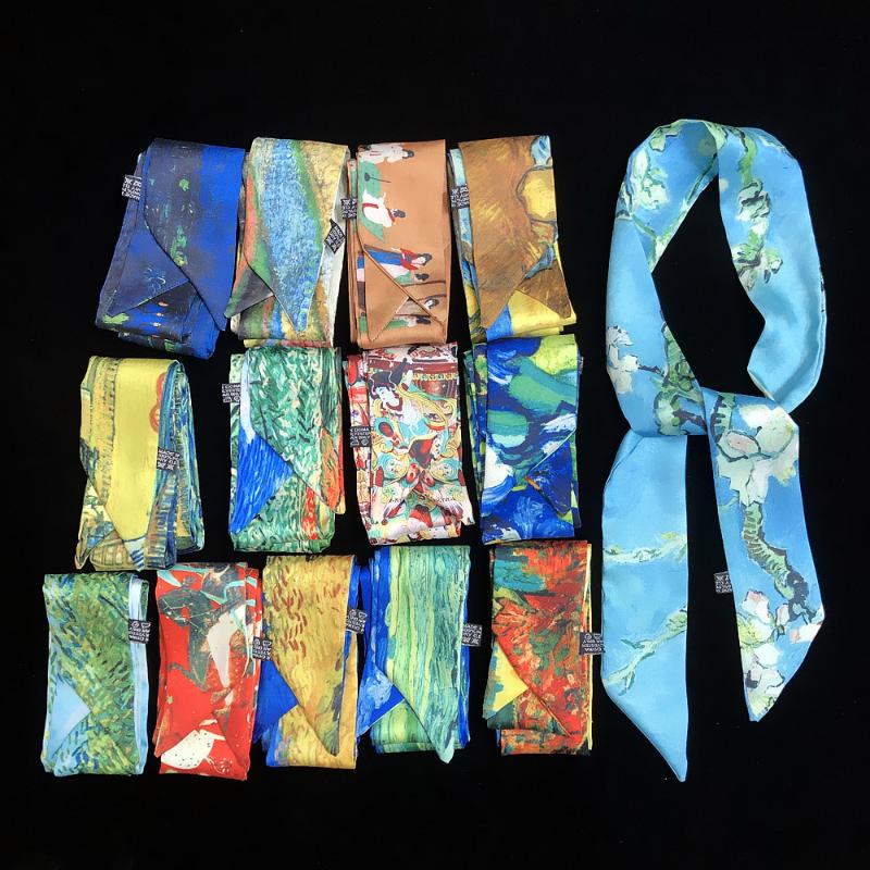

2020 Oil Painting Twill Silk Scarf Women Neckerchief Skinny Scarf Bag Ribbons Female Neck Tie Head Scarves Wraps For Ladies