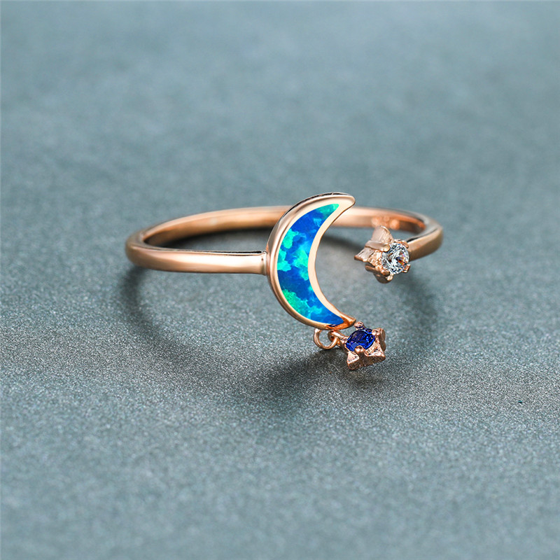 

Boho Female White Blue Opal Stone Ring Cute Rose Gold Adjustable Rings For Women Minimalist Bridal Moon Star Engagement Ring