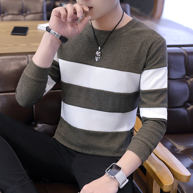 

Men's Long Sleeve T-shirt Spring Dress Top Trend Stripe Bottom Shirt Guard Spring Small Shirt Thin Autumn Dress, Camel
