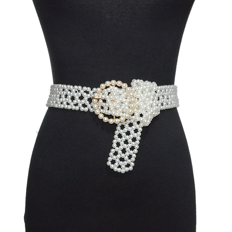 

New Luxury Ladies Women's Super Wide Pearl Waist Chain Women's Sweet Lovely Seven Rows of Pearl Elastic Obi Wholesale, Beige
