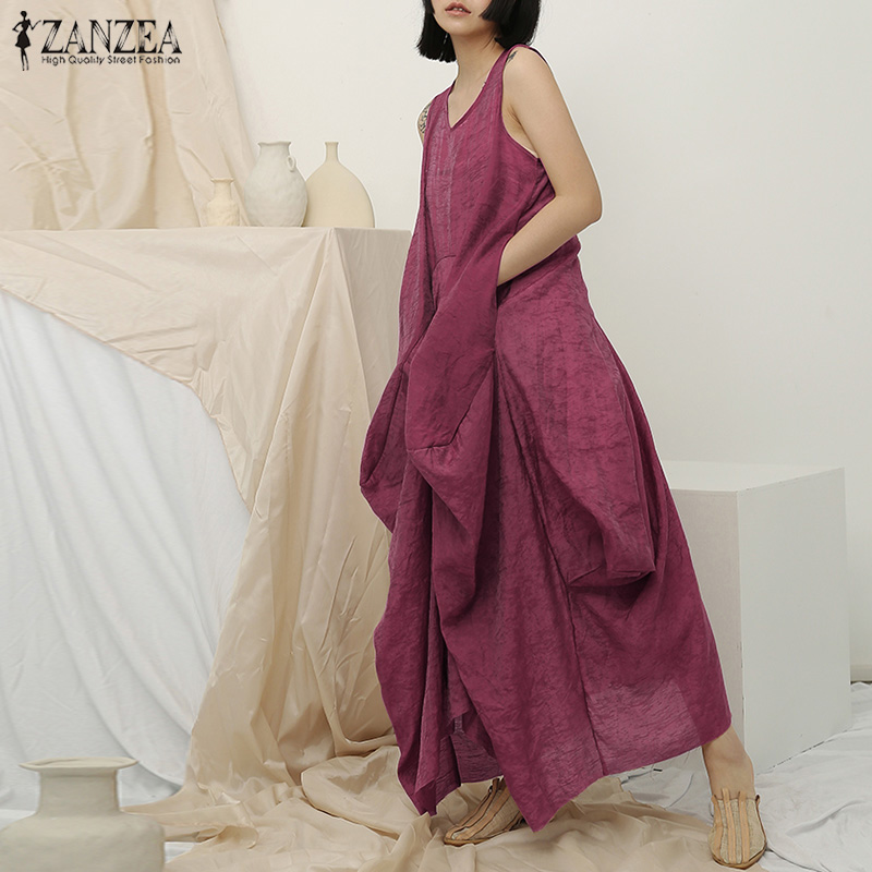 

Casual Dresses 2021 ZANZEA Bohemian Tank Vestido Womens Asymmetrical Dress Sleeveless Beach Maxi Female Pleated Baggy Cotton Robe Femme, Black