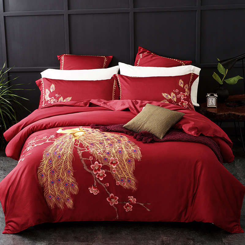

4Piece Red Egyptian Cotton Luxury Wedding Bedding Set  Queen Size Bed Cover Set Bedsheets Duvet Cover Pillowcases, C8